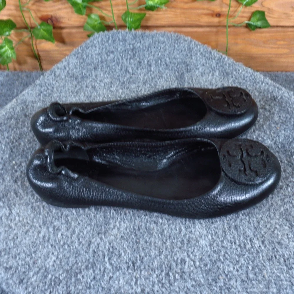 Tory Burch Tumbled Reva Travel Women Ballet Flat Size 6.5 Commuter Black Leather